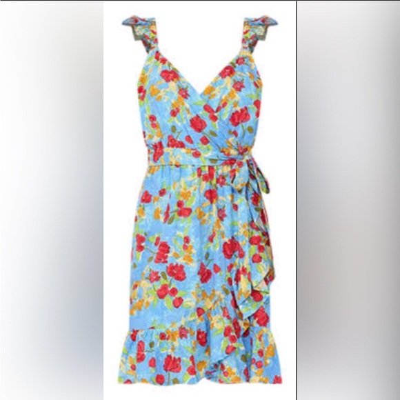 LC Lauren Conrad Blue Floral sleeveless wrap dress with a ruffle hem NWT - Picture 5 of 10
